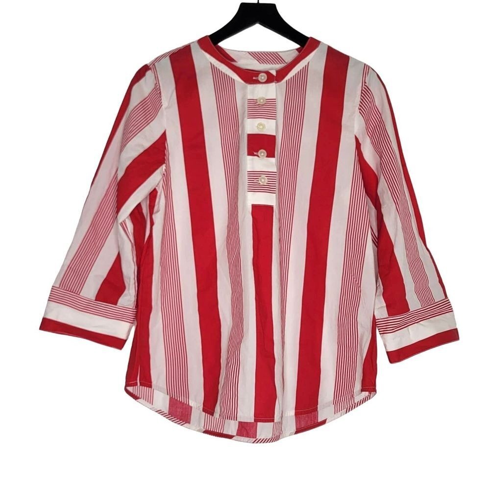 J Crew Tunic Top XS Red White Stripe Popover Half Button Cotton Poplin Shirt‎